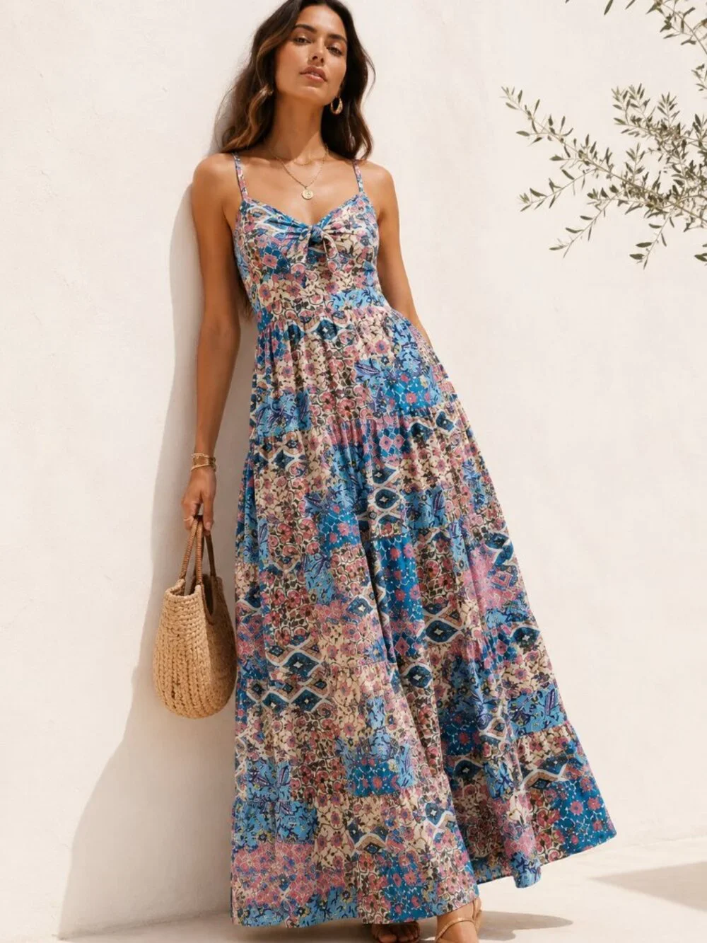 Eliza J Sweetheart Neckline Milkmaid Patchwork Boho Maxi Dress Size 12